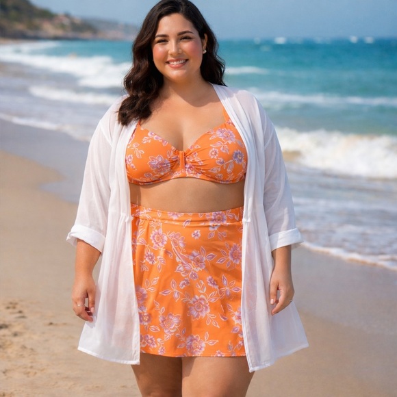 Cacique Swim Set 22/42DD Orange Floral Underwire Bikini Top + Skirtini NWOT - Picture 3 of 13